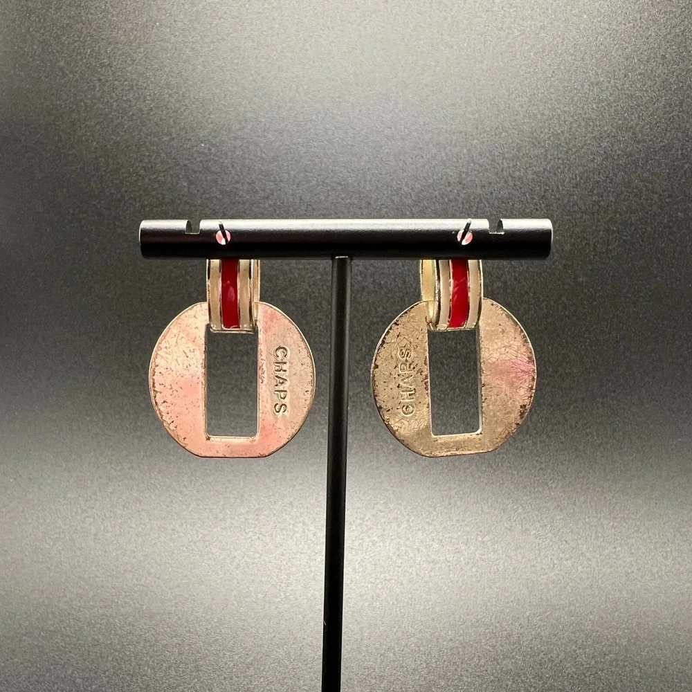 Chaps Drop Earrings Red White Enamel Silver Tone Geometric Bold Striped Nautical